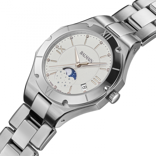 BALMAIN DAMES HORLOGE MAANSTAND DIAMANT OP DE WIJZERPLAAT - 39094