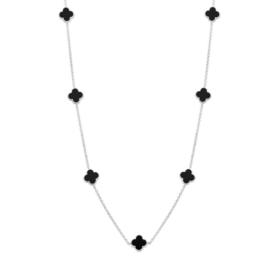 Zilveren fantasie collier klaver vier met onyx - 39848