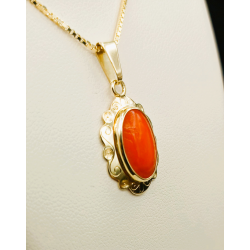 14 karaat geelgouden occasion hanger met bloedkoraal - 41584