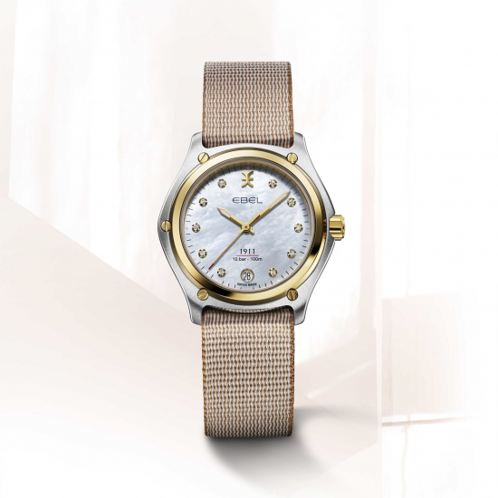 Dameshorloge EBEL 1911, kast van roestvrij staal en 18 karaats geelgoud, Ø 34 mm, witte parelmoeren wijzerplaat met 10 diamanten - 42654